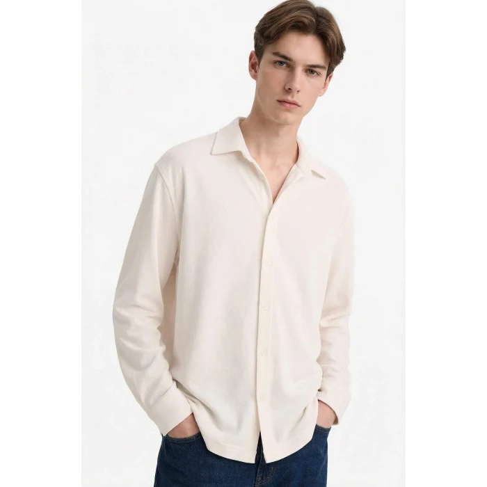 Defacto F8612AXER105 Ekru Boxy Fıt Polo Yaka Penye Gömlek