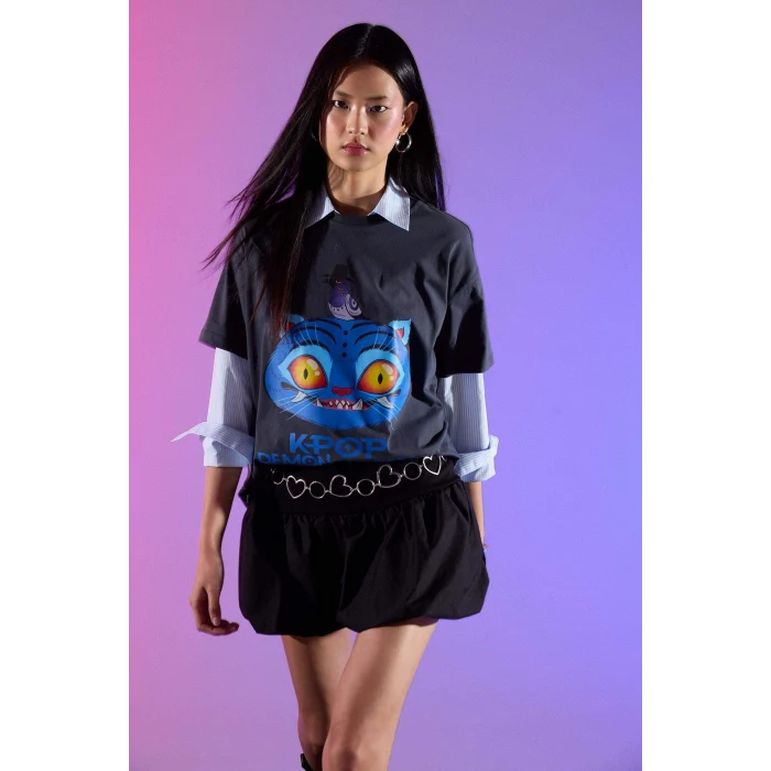 Defacto H0254AXAR191 Antrasit Kpop - Demon Hunters Oversıze Tişört