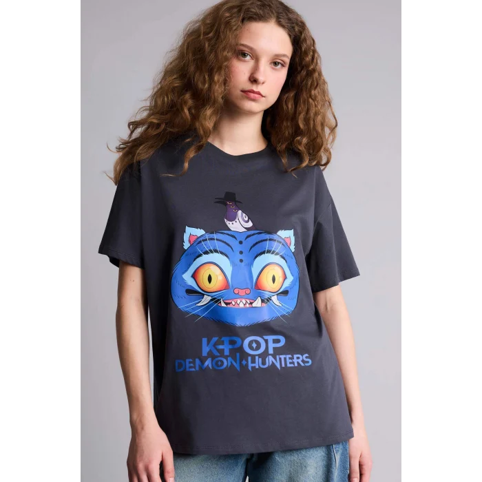 Defacto H0254AXAR191 Antrasit Kpop - Demon Hunters Oversıze Tişört