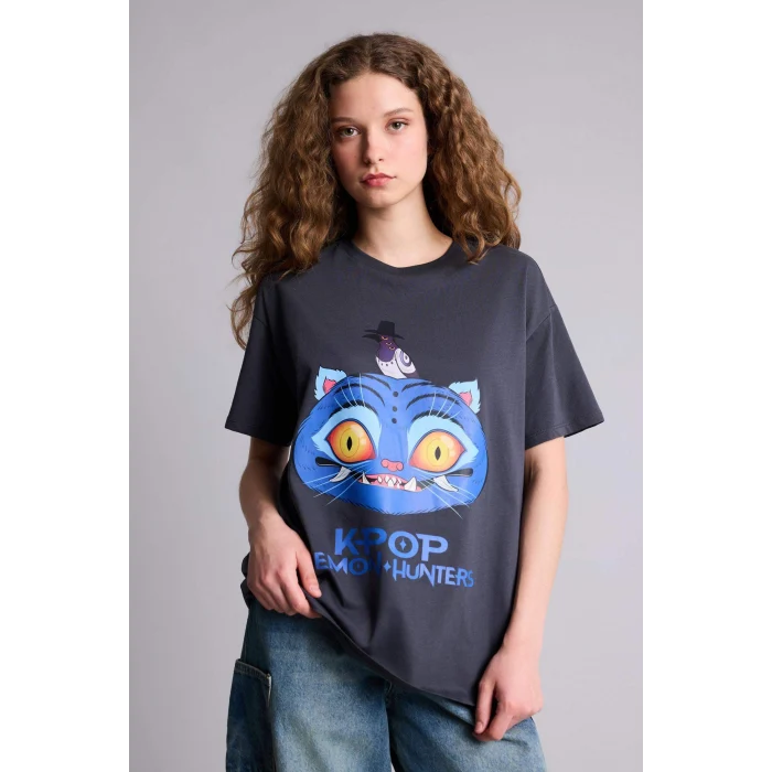 Defacto H0254AXAR191 Antrasit Kpop - Demon Hunters Oversıze Tişört