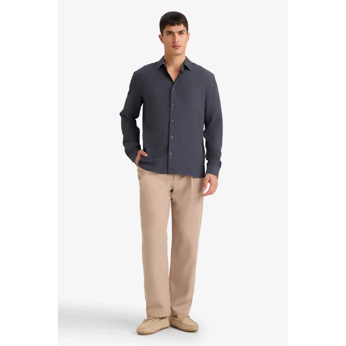 Defacto D7246AXGR499 Gri Modern Fıt Polo Yaka Dokuma Uzun Kollu Gömlek