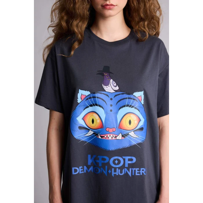 Defacto H0254AXAR191 Antrasit Kpop - Demon Hunters Oversıze Tişört