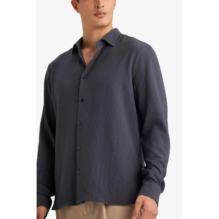 Defacto D7246AXGR499 Gri Modern Fıt Polo Yaka Dokuma Uzun Kollu Gömlek