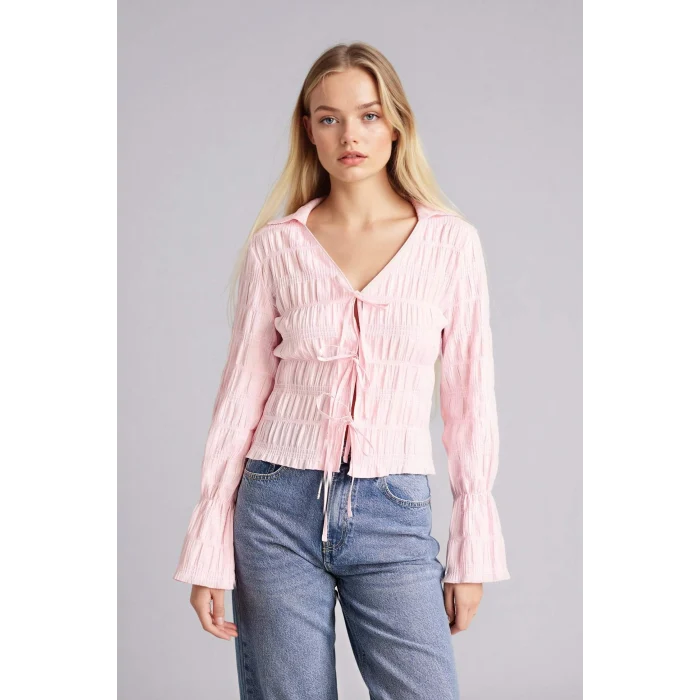 Defacto G9491AXPN74 Pembe Regular Fıt Gömlek Yaka Dokulu Uzun Kollu Bluz