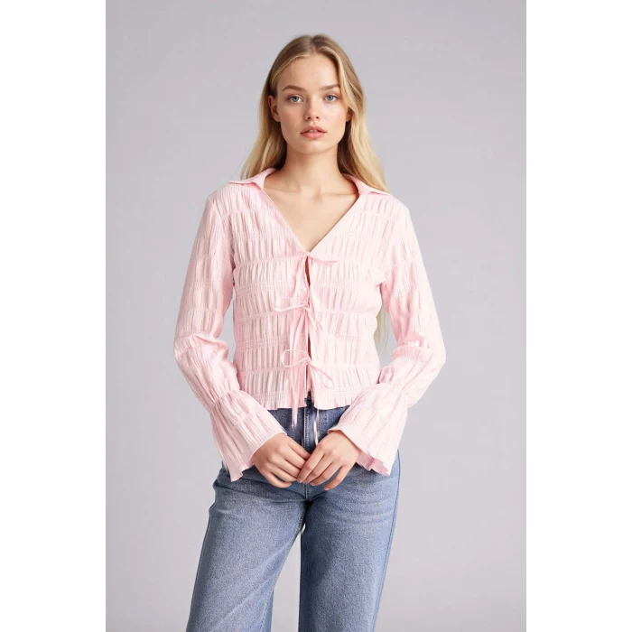 Defacto G9491AXPN74 Pembe Regular Fıt Gömlek Yaka Dokulu Uzun Kollu Bluz