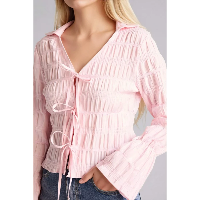 Defacto G9491AXPN74 Pembe Regular Fıt Gömlek Yaka Dokulu Uzun Kollu Bluz