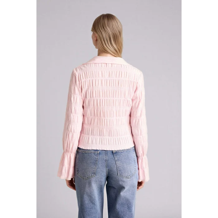 Defacto G9491AXPN74 Pembe Regular Fıt Gömlek Yaka Dokulu Uzun Kollu Bluz