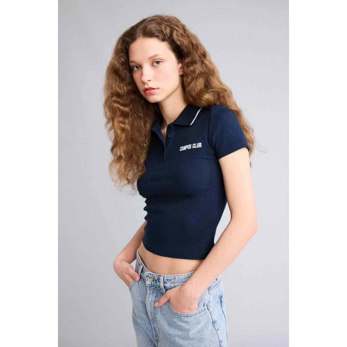 Defacto H1086AXNV146 Lacivert Fıtted Polo Yaka Ribana Tişört