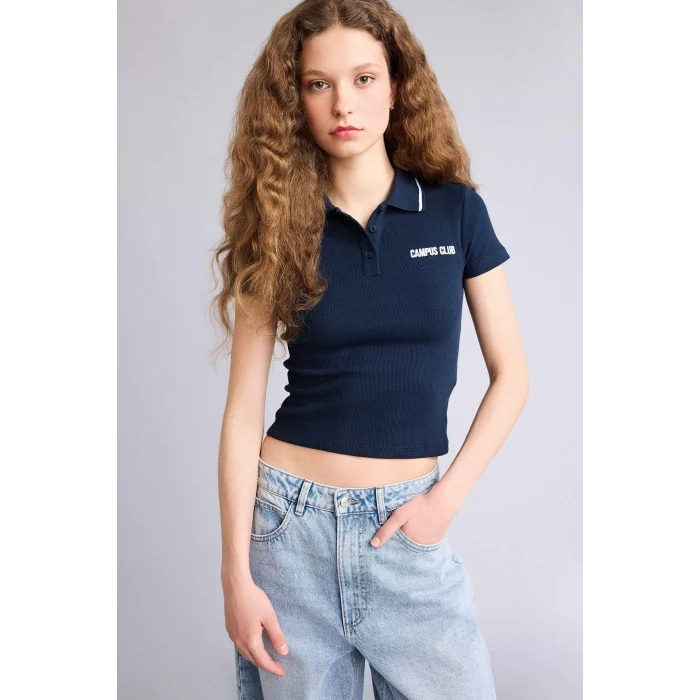 Defacto H1086AXNV146 Lacivert Fıtted Polo Yaka Ribana Tişört