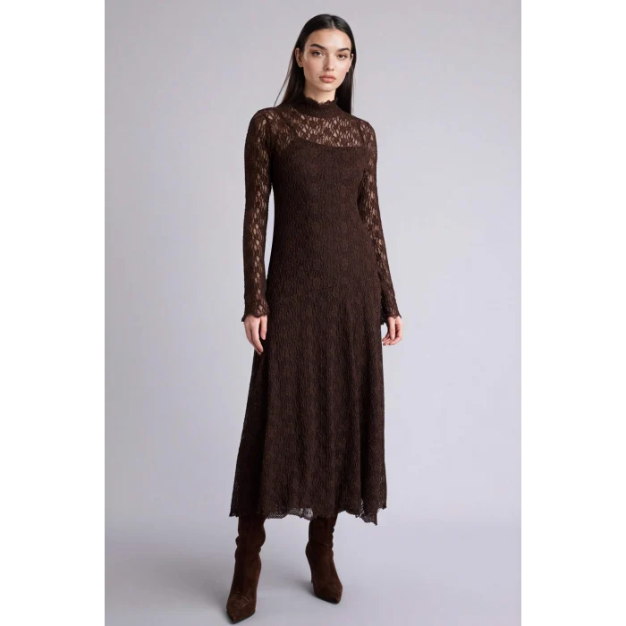 Defacto H0605AXBN45 Kahve A Kesim Dantel Midi Elbise