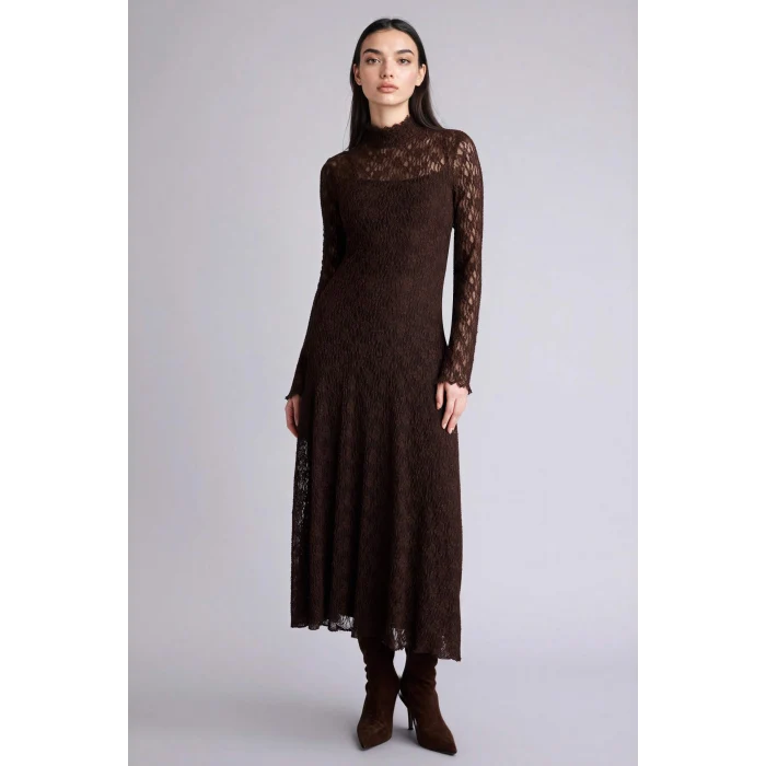 Defacto H0605AXBN45 Kahve A Kesim Dantel Midi Elbise