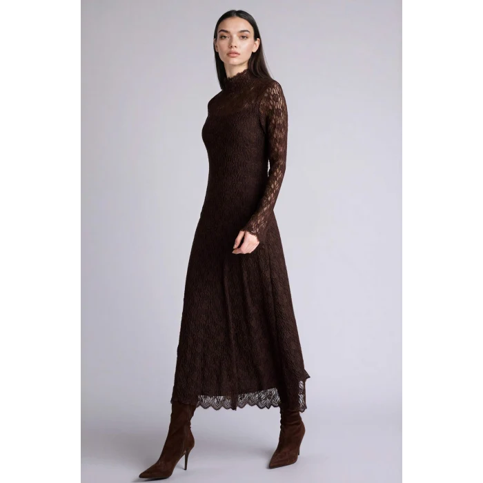 Defacto H0605AXBN45 Kahve A Kesim Dantel Midi Elbise