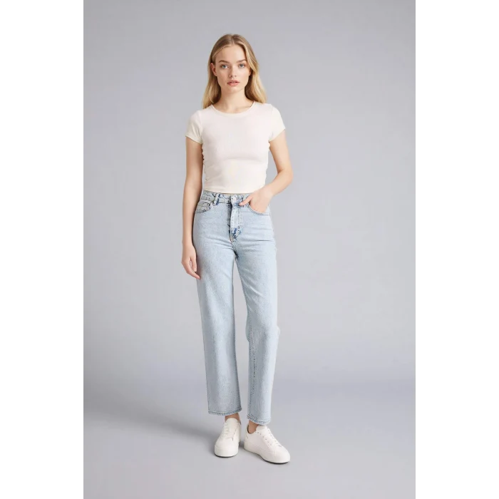 Defacto F2150AXNM39 Mavi Afra x Defacto Comfort Straıght Yüksek Bel  Jean Yıkamalı Pantolon