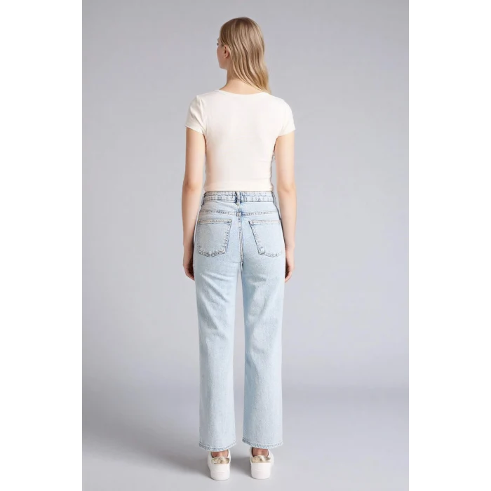 Defacto F2150AXNM39 Mavi Afra x Defacto Comfort Straıght Yüksek Bel  Jean Yıkamalı Pantolon