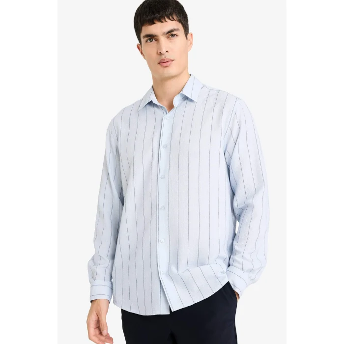 Defacto F9888AXBE177 Mavi Polo Yaka Krinkıl Uzun Kollu Gömlek