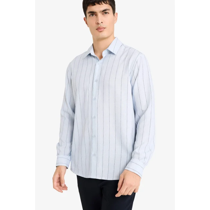 Defacto F9888AXBE177 Mavi Polo Yaka Krinkıl Uzun Kollu Gömlek