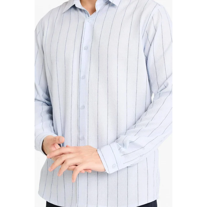 Defacto F9888AXBE177 Mavi Polo Yaka Krinkıl Uzun Kollu Gömlek