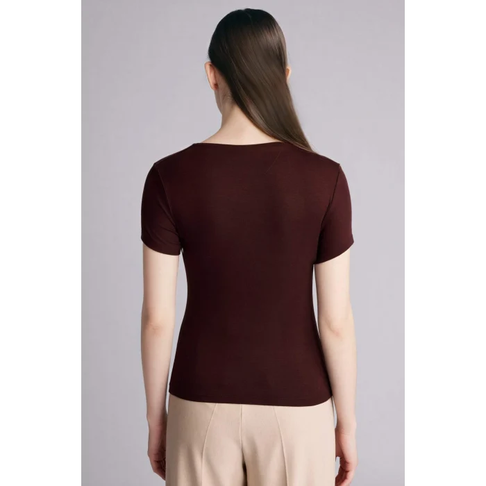 Defacto E7016AXBN267 Kahve Slım Fıt Kayık Yaka Tişört