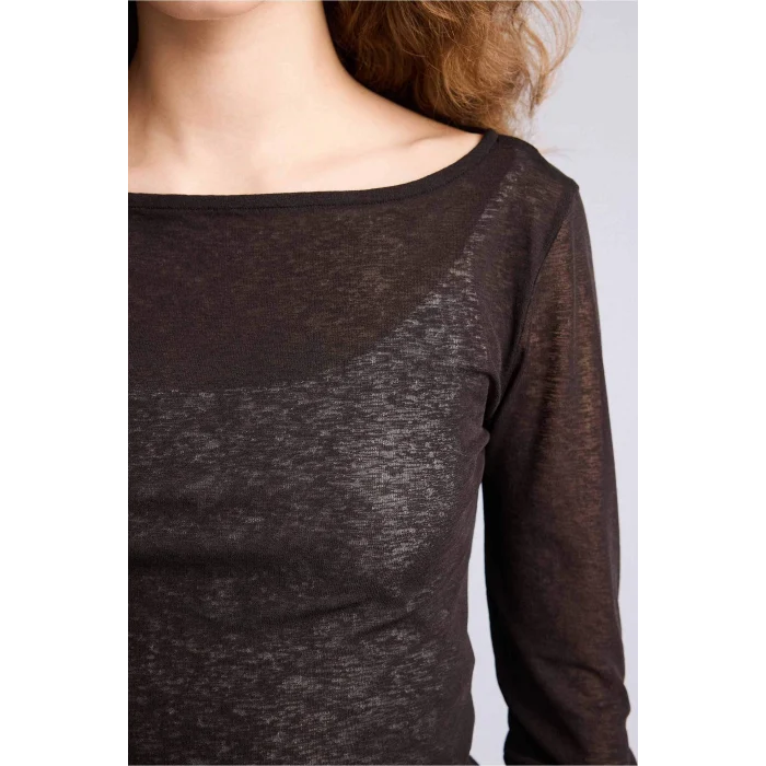 Defacto G9741AXBN267 Kahve Kayık Yaka Uzun Kollu Tişört