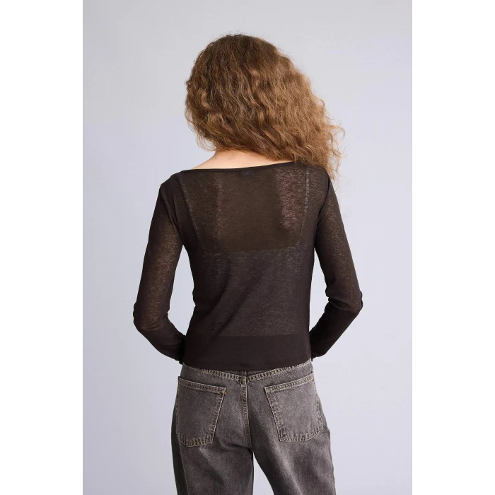 Defacto G9741AXBN267 Kahve Kayık Yaka Uzun Kollu Tişört
