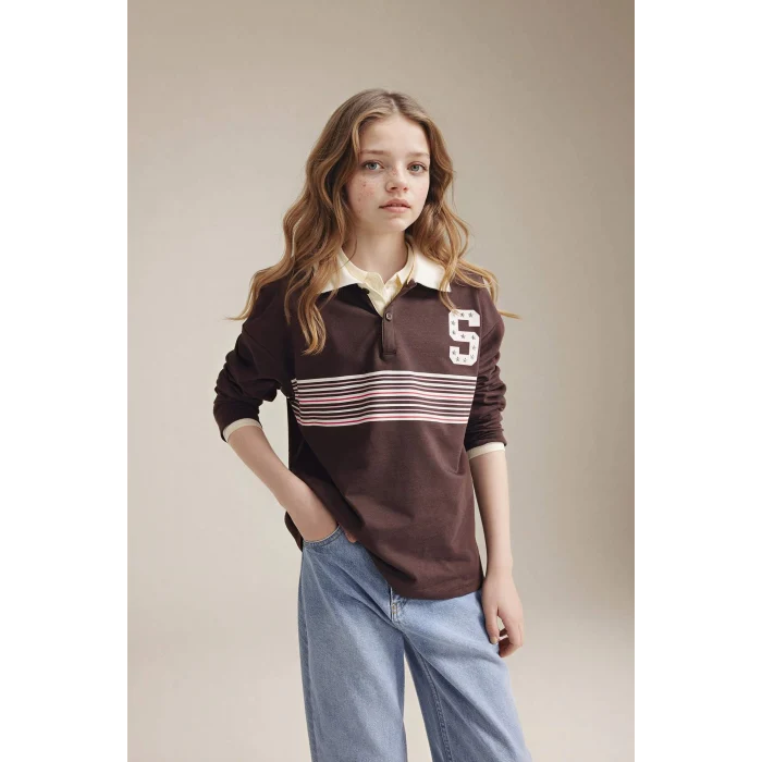 Defacto G8461A8BN130 Kahve Polo Yaka Baskılı Tişört Kız Çocuk