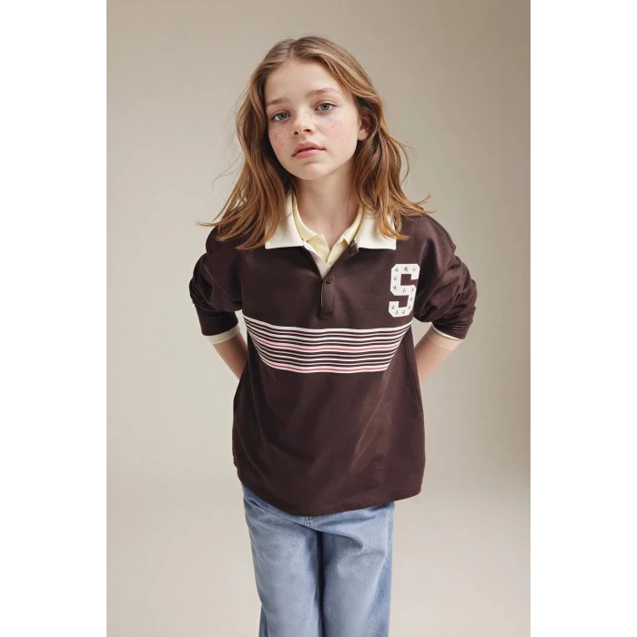 Defacto G8461A8BN130 Kahve Polo Yaka Baskılı Tişört Kız Çocuk