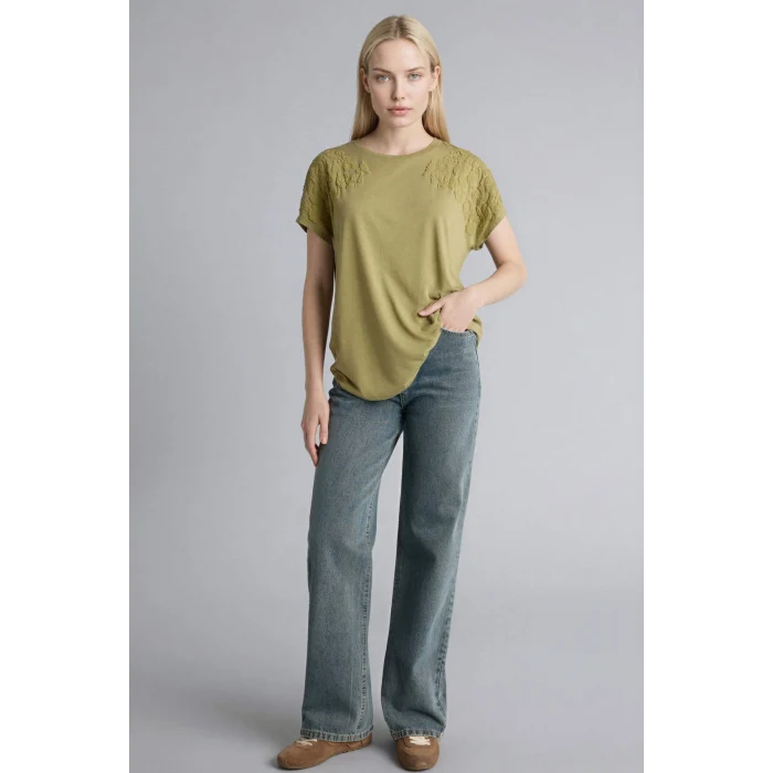 Defacto H1452AXKH473 Haki Bisiklet Yaka Çiçekli Kısa Kollu Tişört