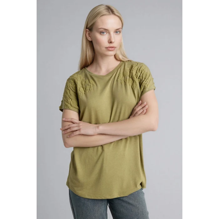 Defacto H1452AXKH473 Haki Bisiklet Yaka Çiçekli Kısa Kollu Tişört