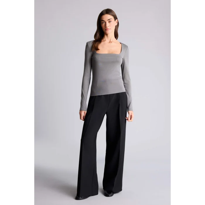 Defacto G8527AXGR449 Gri Slım Fıt Kare Yaka Basıc Düz Modal Uzun Kollu Tişört