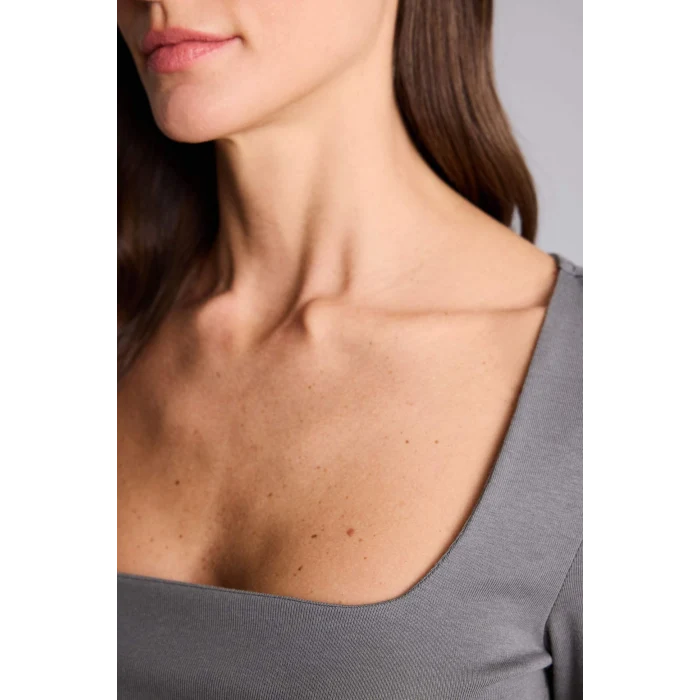 Defacto G8527AXGR449 Gri Slım Fıt Kare Yaka Basıc Düz Modal Uzun Kollu Tişört