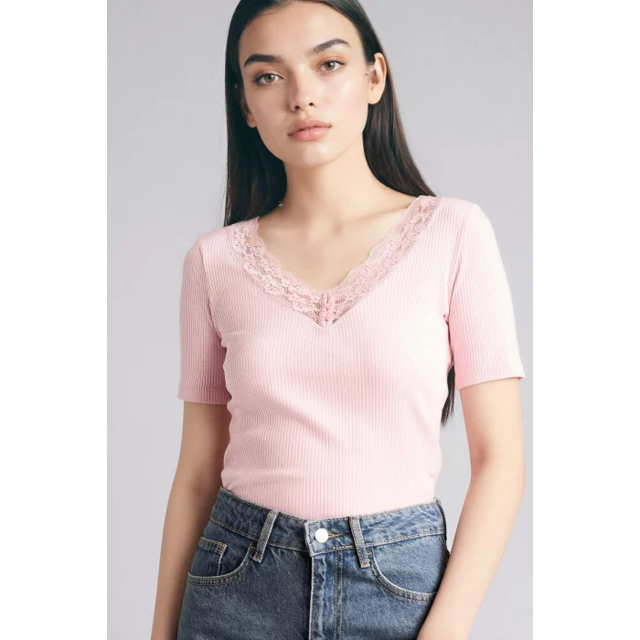 Defacto G9665AXPN453 Pembe %100 Pamuk Slım Fıt Fıtilli Kaşkorse Tişört