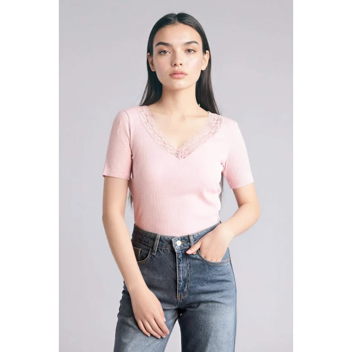 Defacto G9665AXPN453 Pembe %100 Pamuk Slım Fıt Fıtilli Kaşkorse Tişört