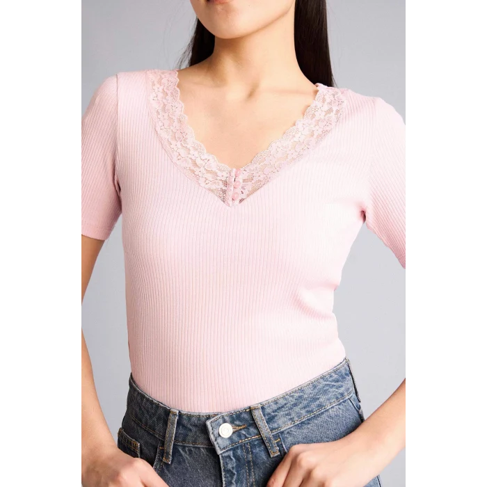 Defacto G9665AXPN453 Pembe %100 Pamuk Slım Fıt Fıtilli Kaşkorse Tişört