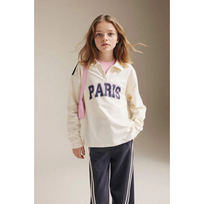 Defacto G8460A8ER99 Ekru Baskılı Sweatshırt Tişört Kız Çocuk