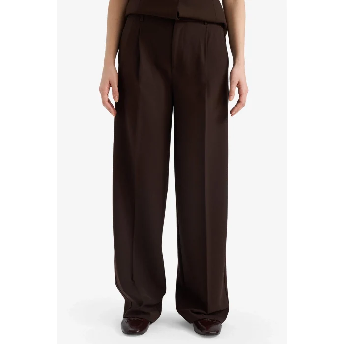 Defacto E7238AXBN473 Kahve Straıght Fıt Fermuarlı Yüksek Bel Standart Boy Pantolon