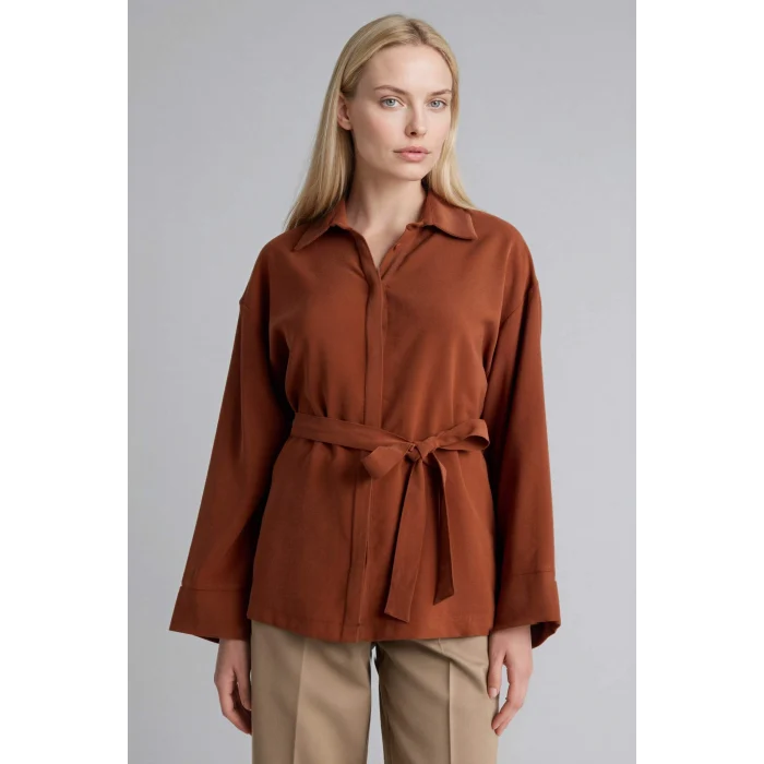 Defacto G9137AXBN312 Kahve Relax Fıt Gömlek Yaka Uzun Kollu Gömlek