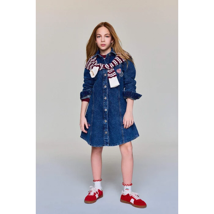 Defacto G6931A8NM28 Mavi Patchlı Nakışlı Jean Elbise Kız Çocuk