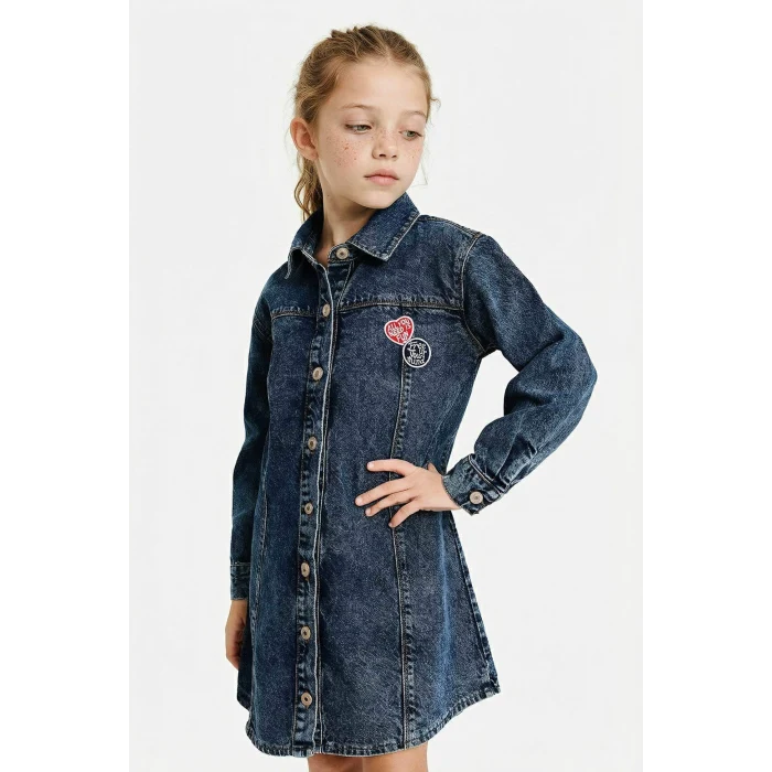 Defacto G6931A8NM28 Mavi Patchlı Nakışlı Jean Elbise Kız Çocuk