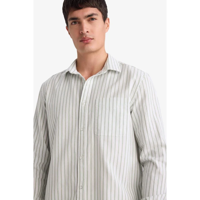 Defacto D6101AXKH422 Haki %100 Pamuk Çizgili Gömlek