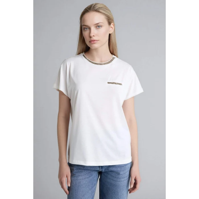 Defacto K7701AZER105 Ekru Bisiklet Yaka Kısa Kollu Tişört