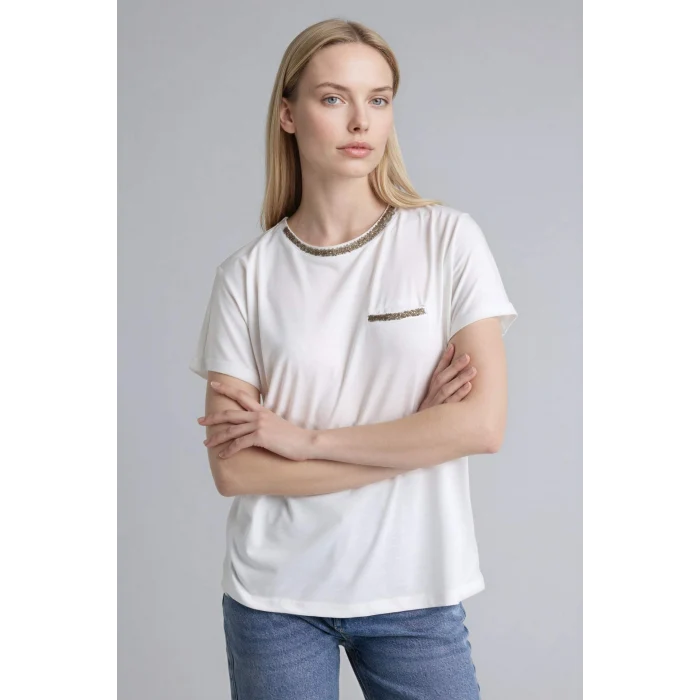 Defacto K7701AZER105 Ekru Bisiklet Yaka Kısa Kollu Tişört