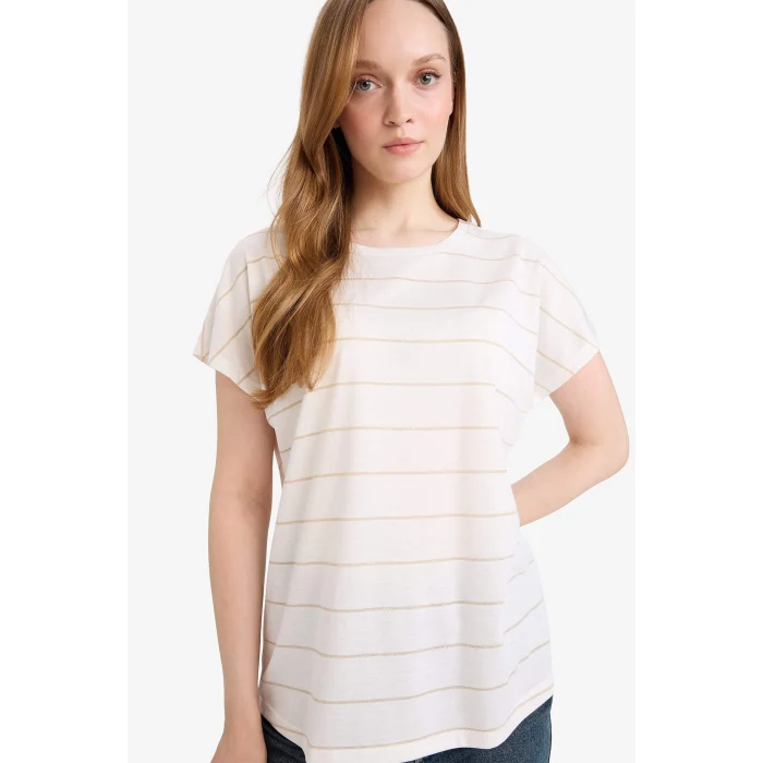 Defacto E6075AXER102 Ekru Çizgili Kısa Kollu Tişört