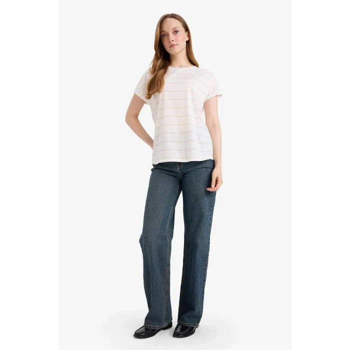 Defacto E6075AXER102 Ekru Çizgili Kısa Kollu Tişört