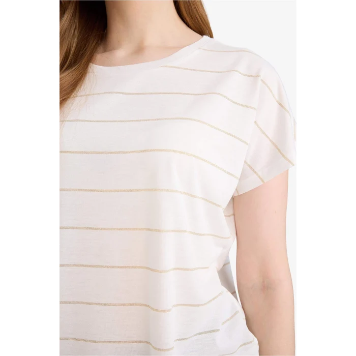 Defacto E6075AXER102 Ekru Çizgili Kısa Kollu Tişört