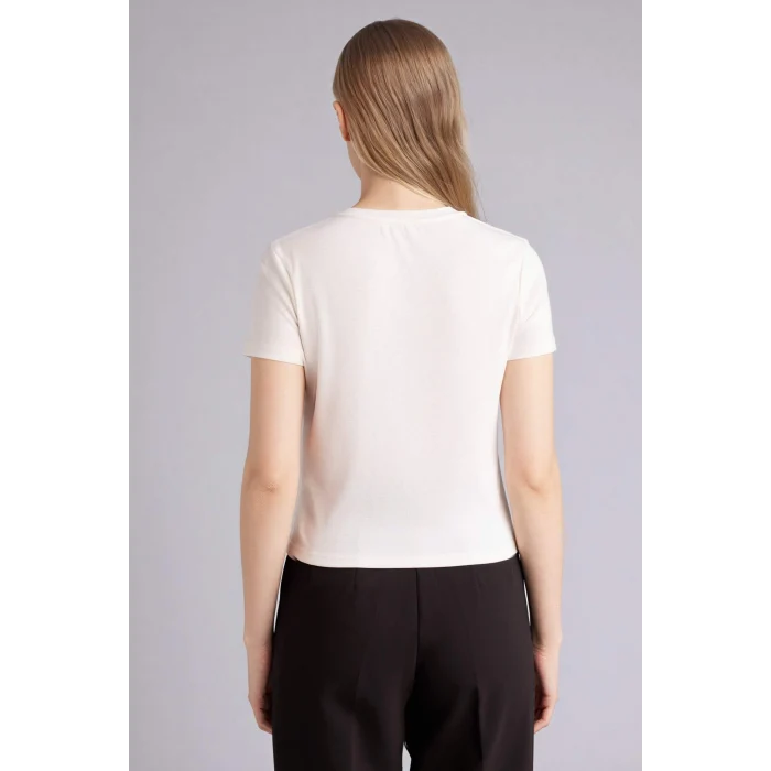 Defacto G9551AXER105 Ekru Slım Fıt Aksesuar Detaylı Ribana Tişört