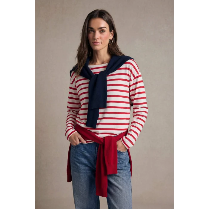 Defacto G7861AXRD79 Kırmızı %100 Pamuk Relax Fıt Kayık Yaka Premium Çizgili Tişört