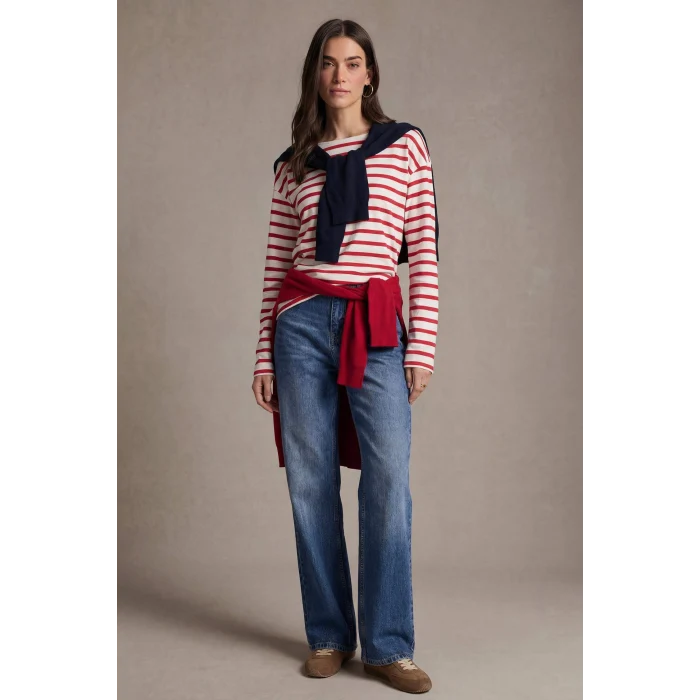 Defacto G7861AXRD79 Kırmızı %100 Pamuk Relax Fıt Kayık Yaka Premium Çizgili Tişört