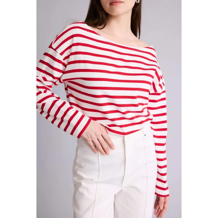 Defacto G7861AXRD79 Kırmızı %100 Pamuk Relax Fıt Kayık Yaka Premium Çizgili Tişört