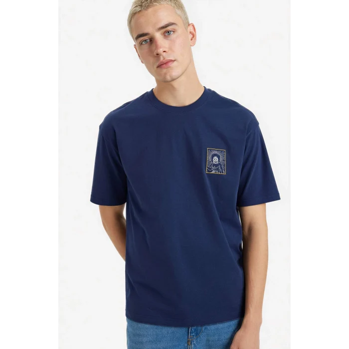 Defacto F8026AXNV241 Lacivert %100 Pamuk Boxy Fit Baskılı Tişört