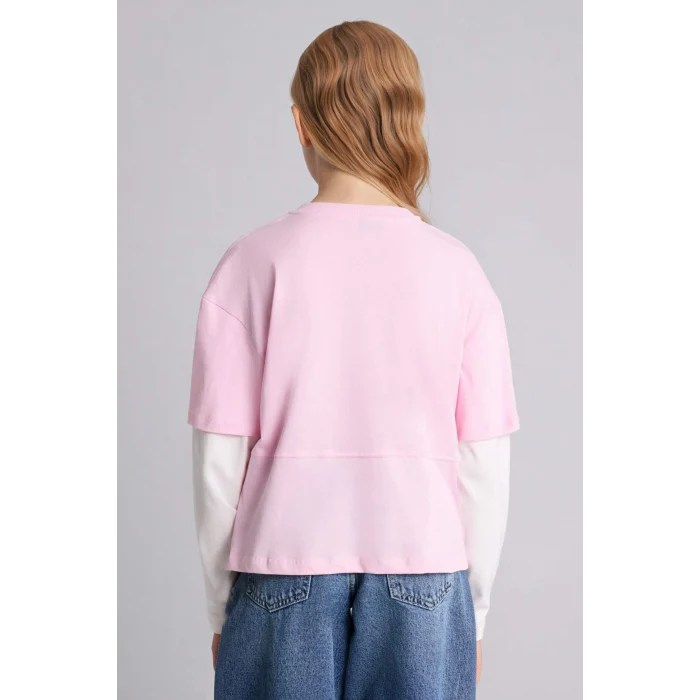 Defacto G8643A8PN171 Pembe Desenli Penye Tişört Kız Çocuk